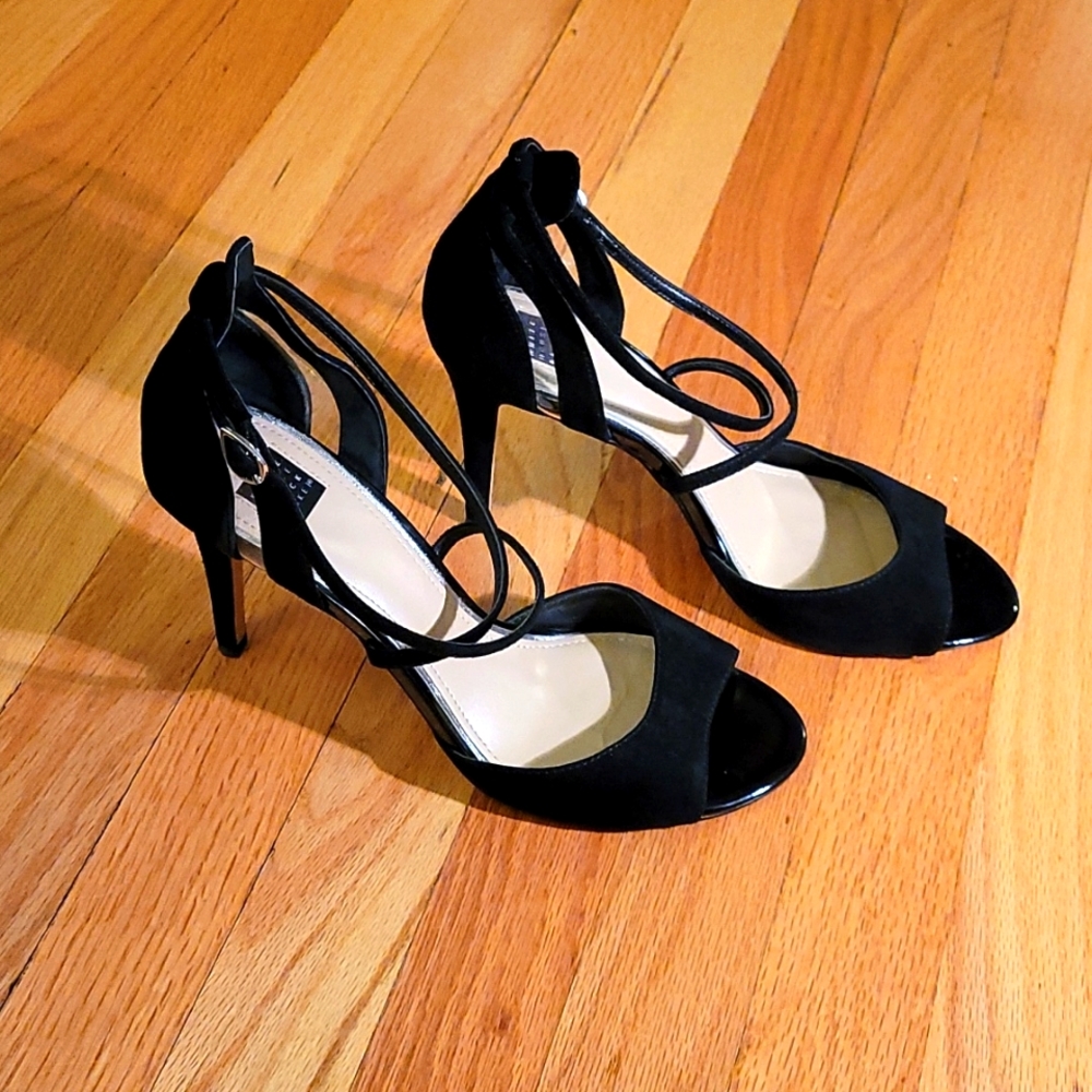 White House Black Market Black Suede Strappy Mid-Heel Sandals